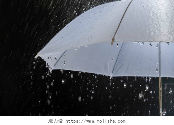 黑色背景下的白色雨伞在防雨湿保护伞在暴风雨天气与自然雷暴, 在黑色背景,